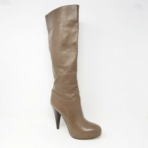 Bally Edwina Knee High Boots Beige Leather Almond Toe Heeled talian US 5.5